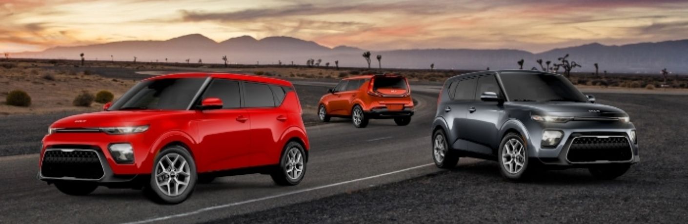 Three 2022 Kia Soul vehicles on a road. What is the gas mileage?